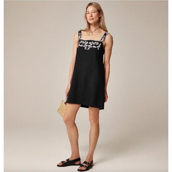 J.Crew Embroidered Linen Shift Dress Mini Boho Resort Vacation Black US 4 NWT - Picture 1 of 14